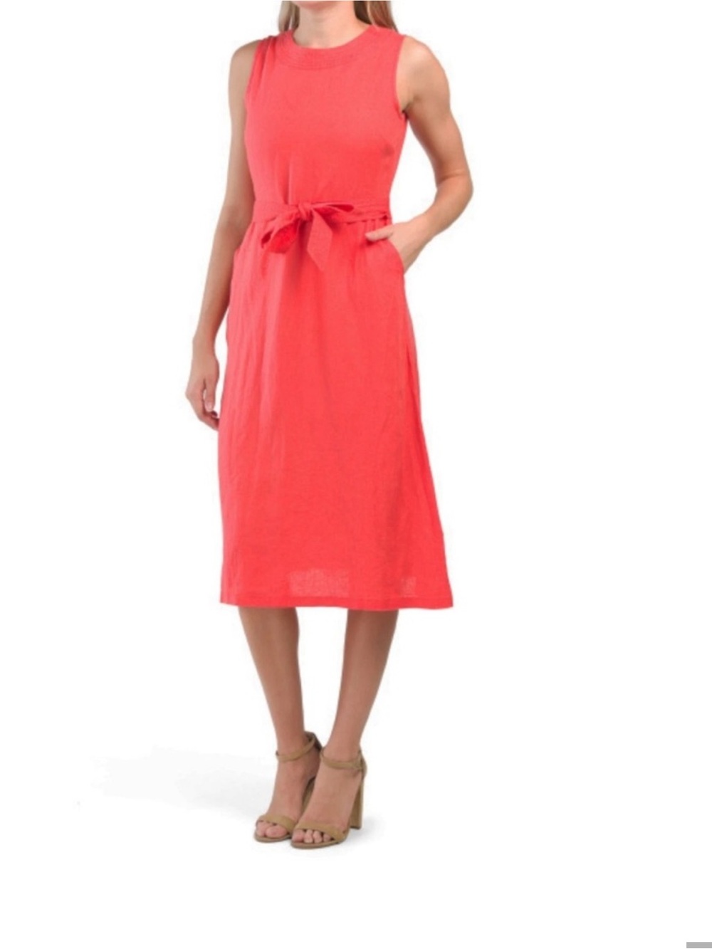 Nicole Miller Sleeveless Coral Tie-Waist Linen Dress Size 6